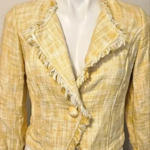 CAbi Yellow Daisy Statement Tweed Fringe Cropped Jacket Medium Style 339 Small - Picture 2 of 10